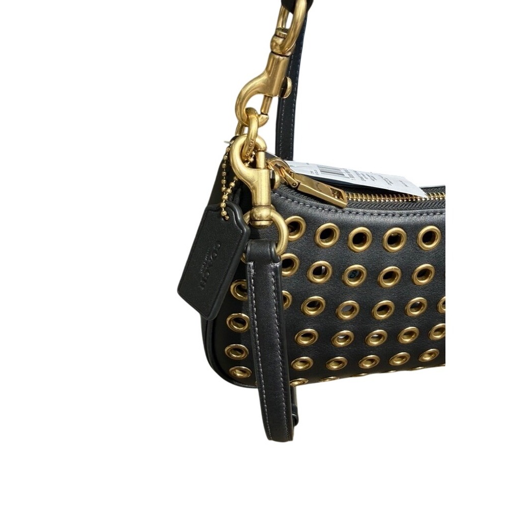 Coach Black Leather Grommet Shoulder Bag Gold Studs CY646 NWT - Picture 4 of 16